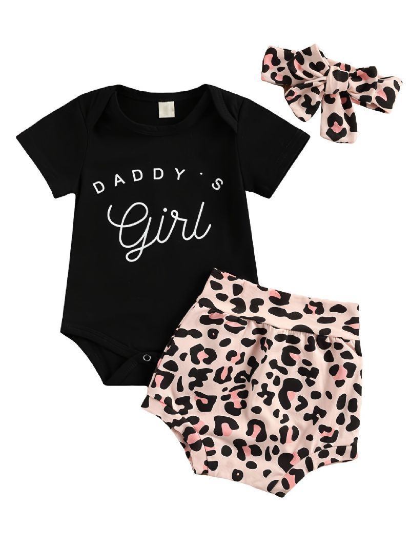 Kortermet Spedbarnsbukse Daddy's Jent Letter Print Bodysuit & Leopard Shorts & Pannebåndsett For Baby Jenter Småbarnsklær