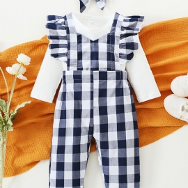 Langermet Bukse For Jenter + Matchende Rutete Kjeledress + Pannebåndsett Babyklær Antrekk Bodysuit Onesie