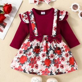 Ny Jentebaby Casual Søt Blomstermønster Sløyfe Overall Dress Sett Høst / Vinter