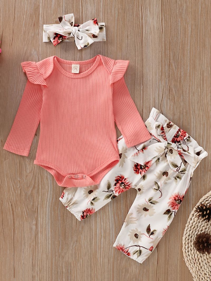 Nyfødt Baby Jenter Ruffle Langermet Topp & Blomsterprint Bukser Og Pannebåndsett