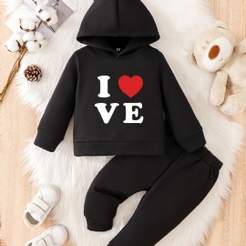 Småbarn Baby Hjertetrykk Fleece Varm Hettegenser Sweatshirt Bukser Sett For Gutter Jenter Høst Vinter