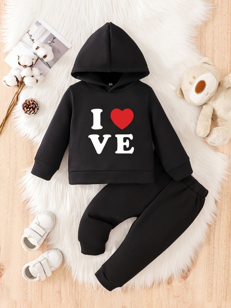 Småbarn Baby Hjertetrykk Fleece Varm Hettegenser Sweatshirt Bukser Sett For Gutter Jenter Høst Vinter