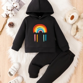 Småbarn Baby Regnbuetrykk Fleece Varm Hettegenser Sweatshirt Bukser Sett For Gutter Jenter Høst Vinter