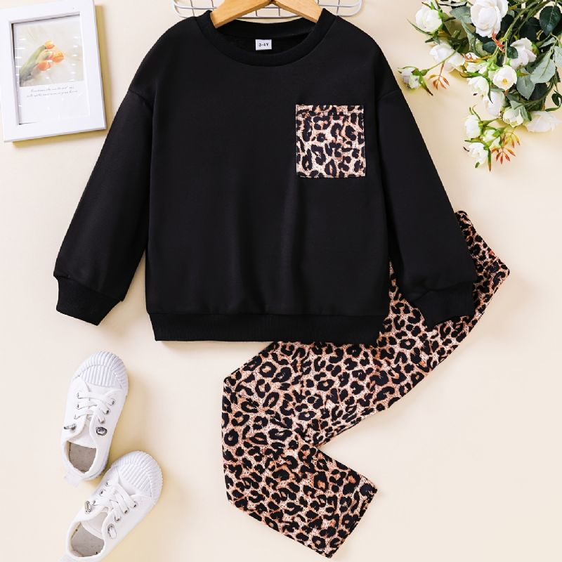 Småbarn Jente Genser Høst Leopard Print Leggings Svart Suit