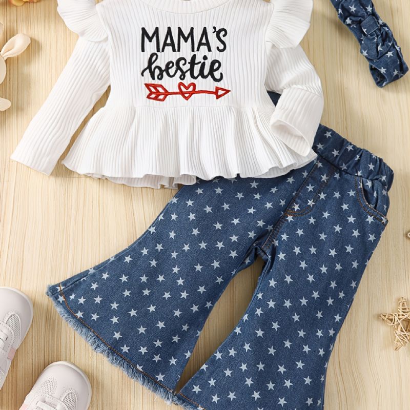 Småbarn Jentebaby White Letter Print Topp + Stjernemønster Flared Denim Bukser