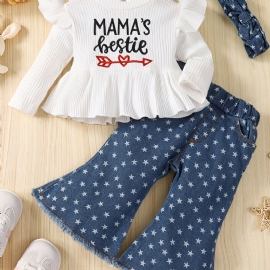 Småbarn Jentebaby White Letter Print Topp + Stjernemønster Flared Denim Bukser