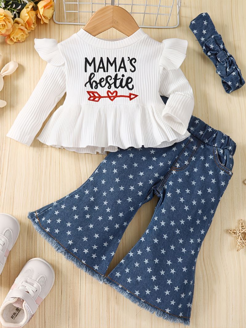 Småbarn Jentebaby White Letter Print Topp + Stjernemønster Flared Denim Bukser