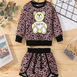 Småbarn Jenter Bear Leopard Print Langermet Sweatshirt Med Snøring Joggebuksesett