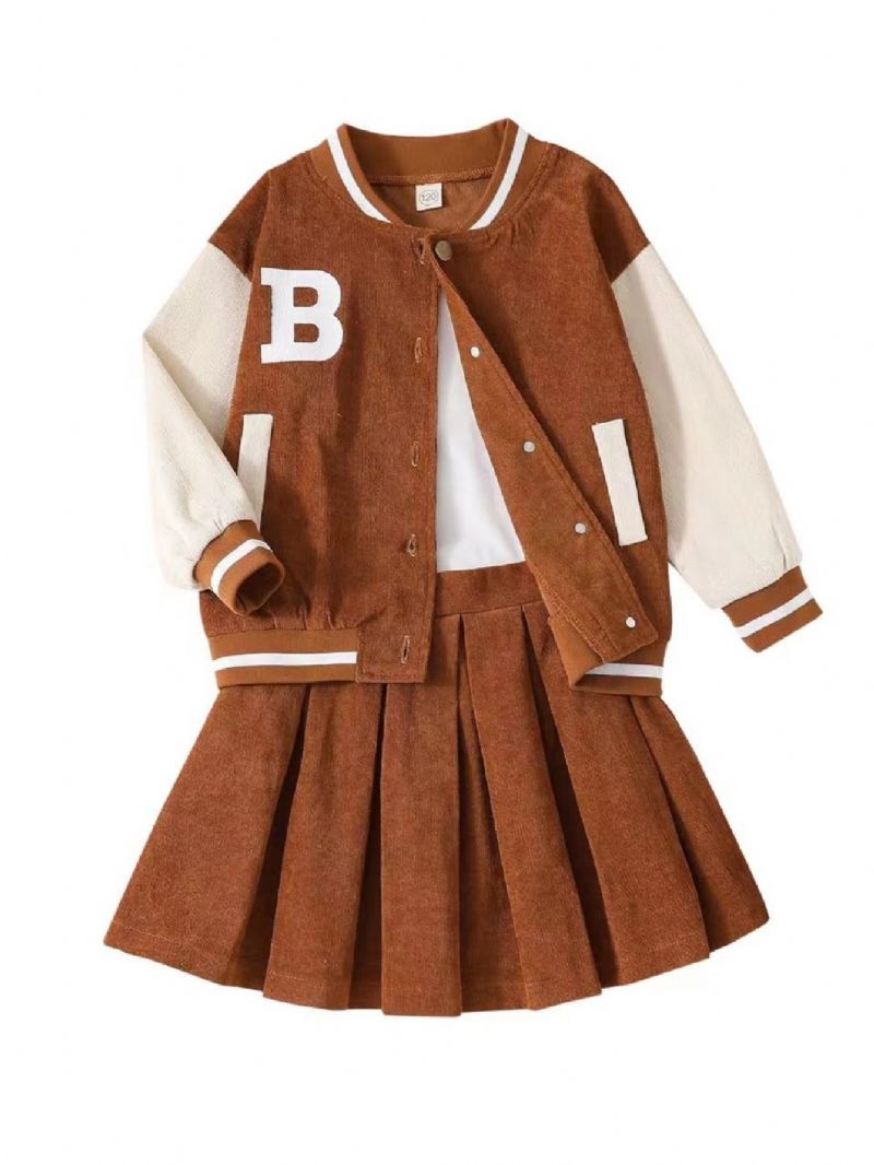 Småbarn Jenter Colorblock Corduroy Uniform Jakke Med Skjørt Dress
