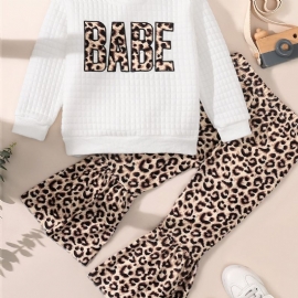 Småbarn Jenter Leopardtrykk Rund Hals Bomull Langermet Rutete Hvit T-skjorte Flare Buksesett
