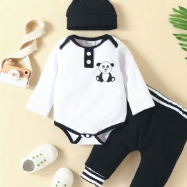 Småbarn Nyfødt Baby Gutt Pandatrykt Langermet Romper + Bukser + Hat 3 Stk Sett
