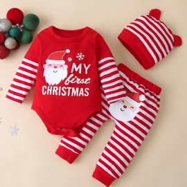 Småbarn Nyfødt Baby Jente Julenisse Trykt Langermet Bukse + Bukser + Lue 3 Stk Sett