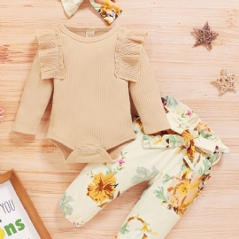 Spedbarn Baby Jenter Blomster Print Onesie Romper Pants Sløyfe Pannebånd Sett