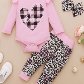 Spedbarn Baby Jenter Hearts Brevtrykk Romper Langermet Bodysuit & Leopard Bukser & Pannebåndsett