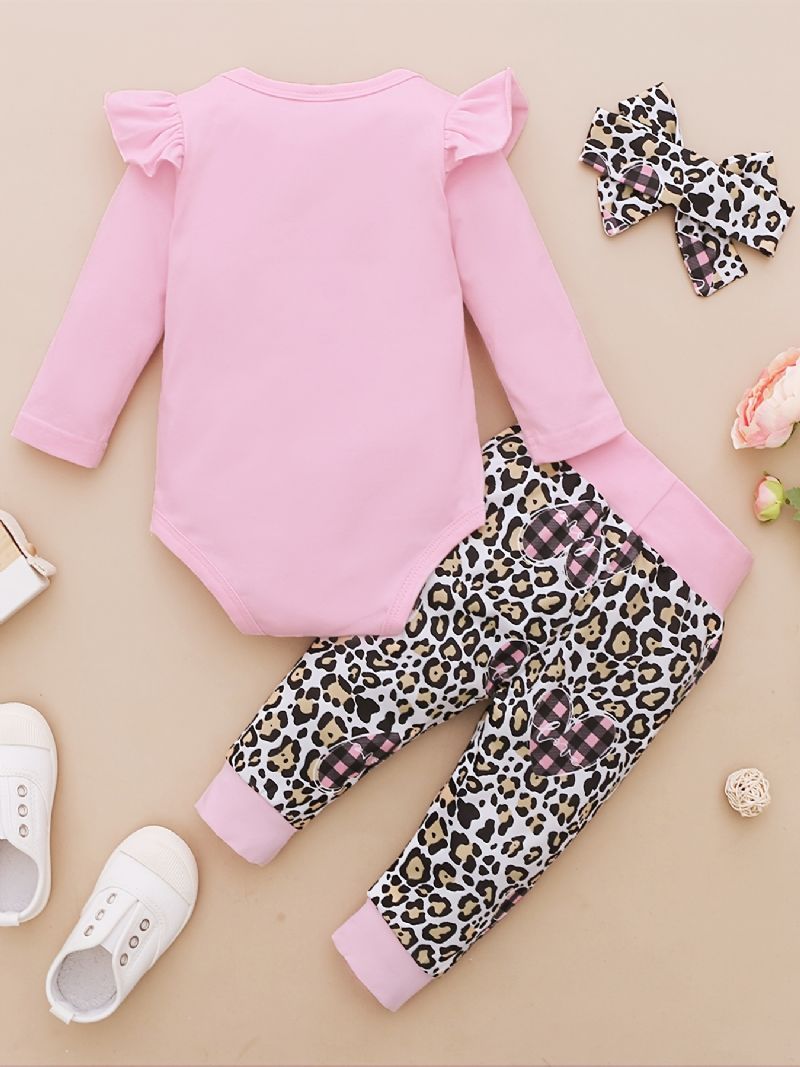 Spedbarn Baby Jenter Hearts Brevtrykk Romper Langermet Bodysuit & Leopard Bukser & Pannebåndsett
