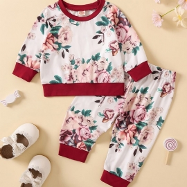 Sweatshirt Med Blomstertrykk For Jenter + Joggebuksesett Babyklær Rundhalset Antrekk