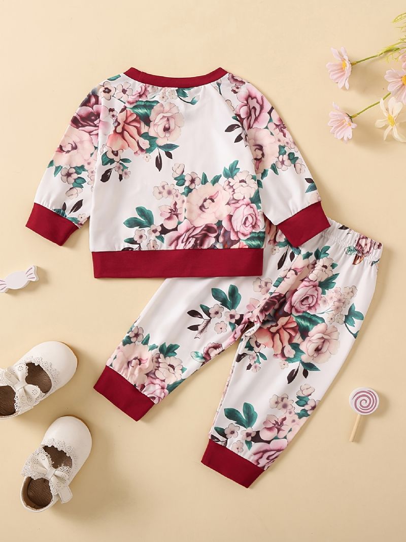 Sweatshirt Med Blomstertrykk For Jenter + Joggebuksesett Babyklær Rundhalset Antrekk