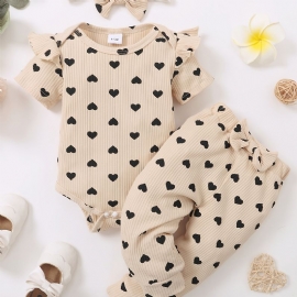 Toddler Baby Jenter Heart Print Bodysuit + Bukser Set + Pannebånd Onesie Clothing