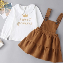 Toddler Baby Jenter Letter Crown Print Topp & Ruffle Overall Dress Set Barneklær