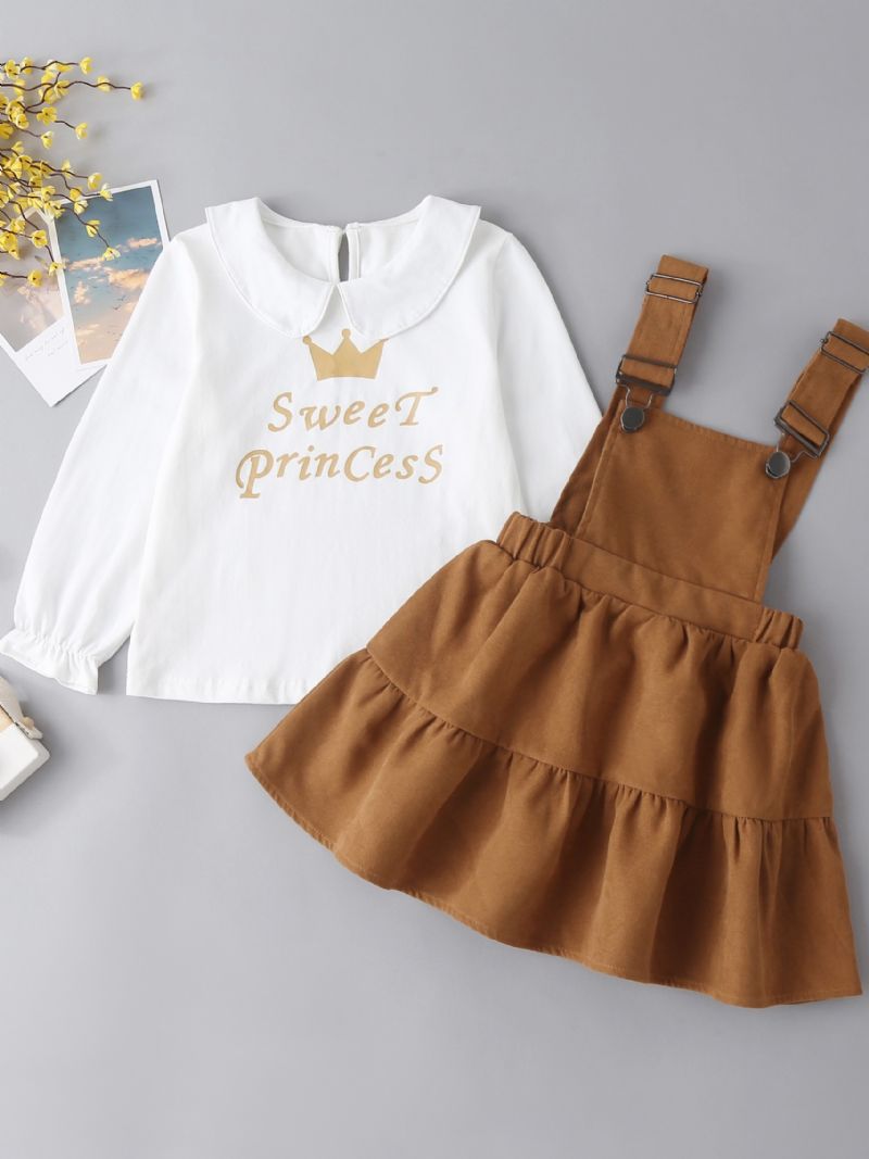 Toddler Baby Jenter Letter Crown Print Topp & Ruffle Overall Dress Set Barneklær