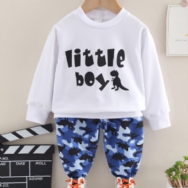 Toddler Gutter Print Letter Little Sweatshirt Med Rund Hals Kamuflasje Buksesett