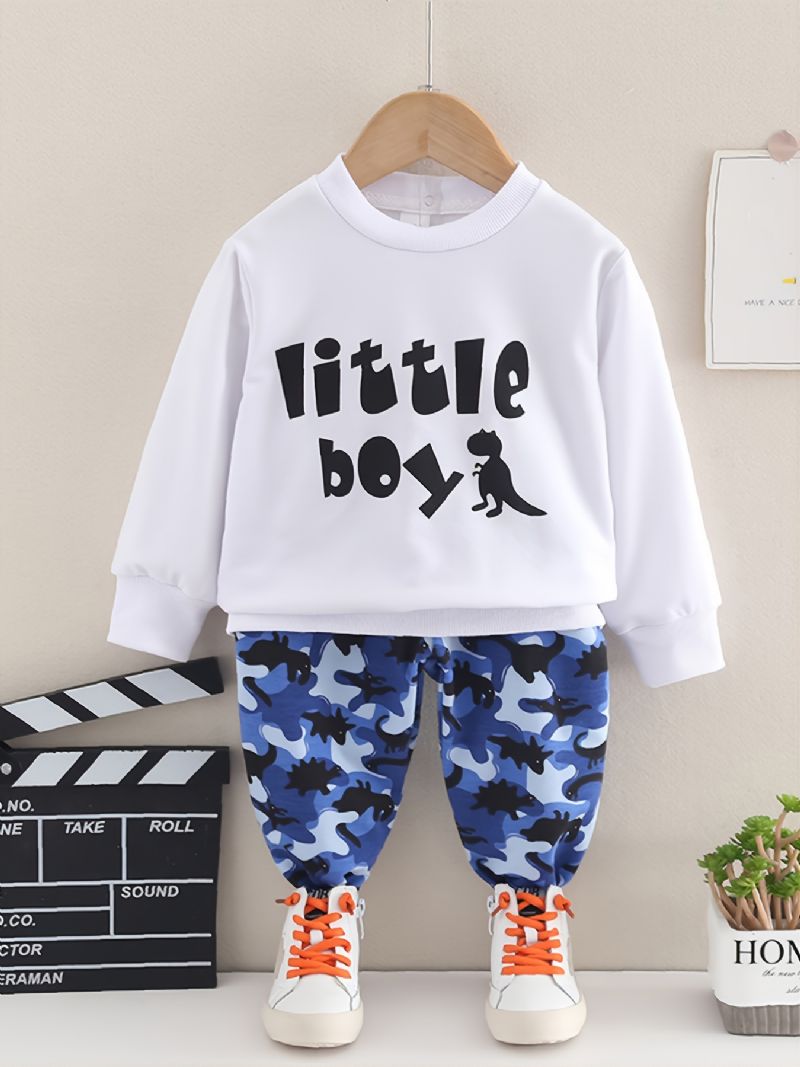 Toddler Gutter Print Letter Little Sweatshirt Med Rund Hals Kamuflasje Buksesett