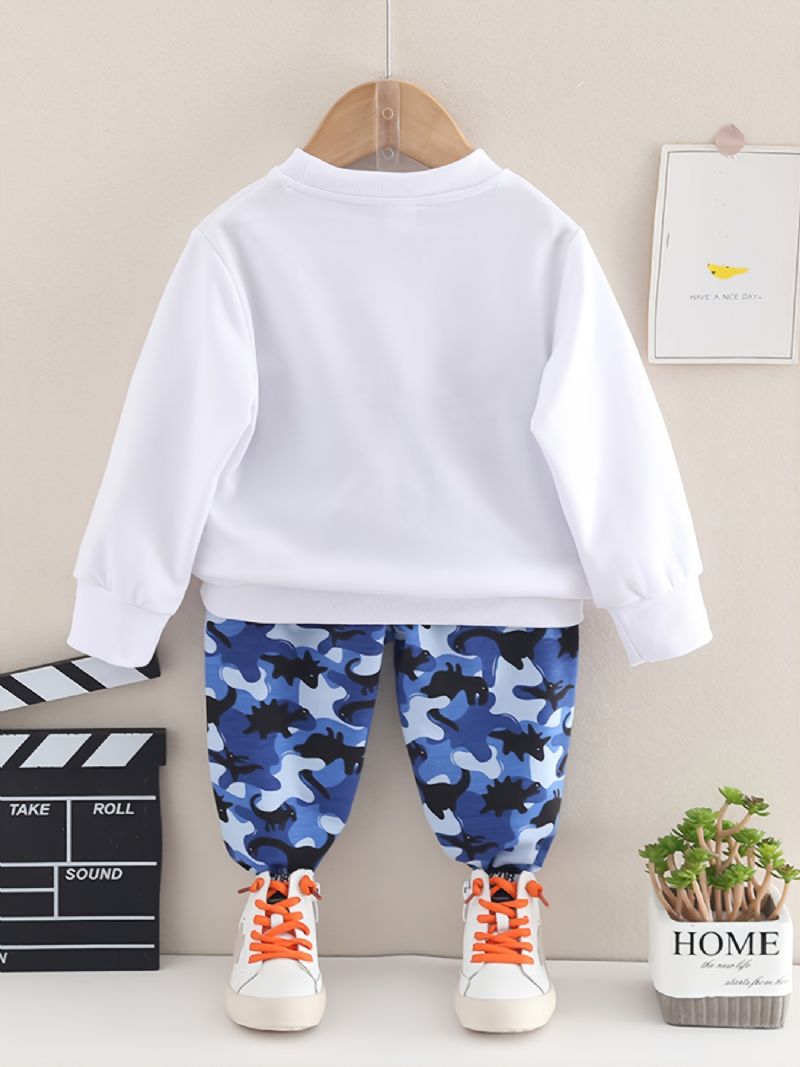 Toddler Gutter Print Letter Little Sweatshirt Med Rund Hals Kamuflasje Buksesett