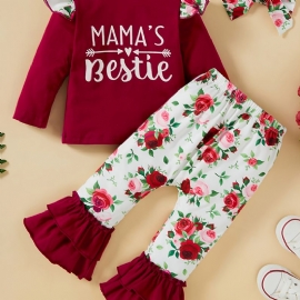 Toddler Jenter Letter Print Langermet & Flower Flare Leg Bukser Set Høst Vinter