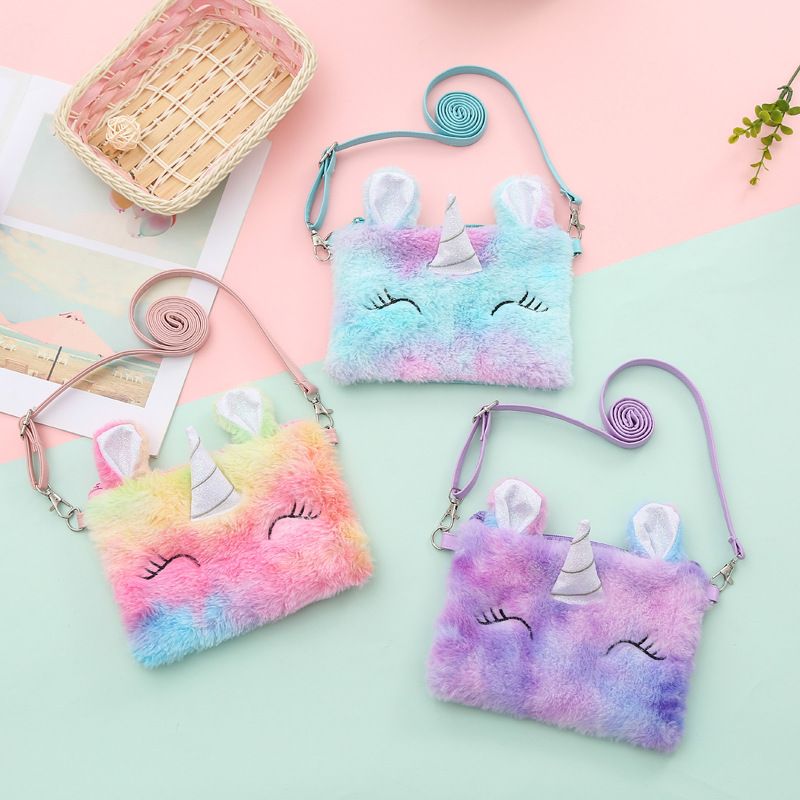 1 Stk Jenter Cute Crossbody Bag Myk Cartoon Plysj Unicorn Tie Dye Justerbar Bag