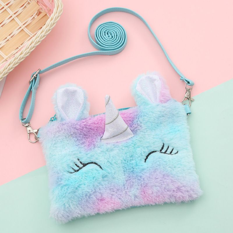 1 Stk Jenter Cute Crossbody Bag Myk Cartoon Plysj Unicorn Tie Dye Justerbar Bag