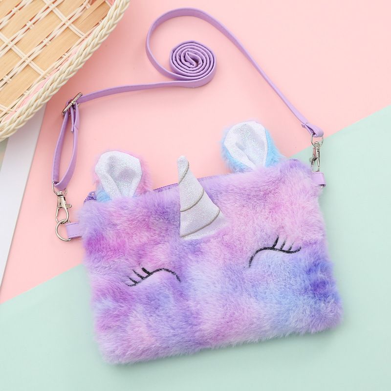 1 Stk Jenter Cute Crossbody Bag Myk Cartoon Plysj Unicorn Tie Dye Justerbar Bag