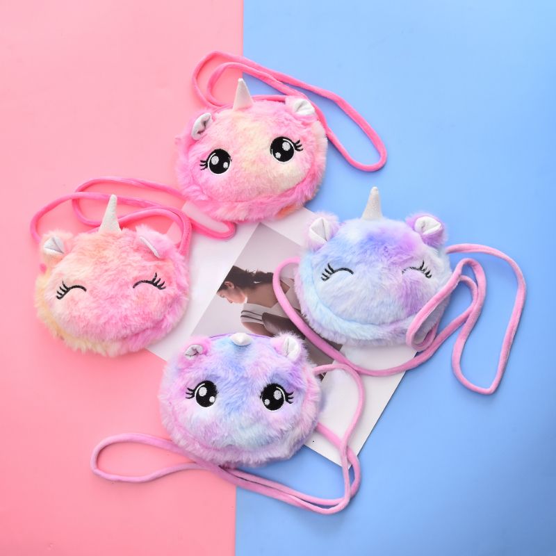 Baby Jenter Cute Plush Unicorn Glidelås Skulderveske Messenger Bag Myntpung