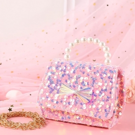 Baby Jenter Søt Sløyfe Dekor Pearl Glitter Håndveske Crossbody Bag Princess Skulderveske Kjedeveske