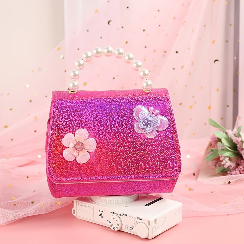 Baby Jenter Søt Sommerfugl Blomsterdekor Pearl Håndveske Crossbody Bag Princess Skulderveske