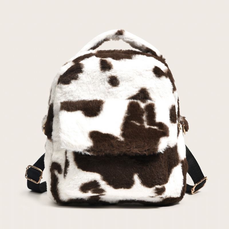 Dame Fuzzy Cow Print Ryggsekk Girl's Plush Fluffy Cute Small Bakckpack Schoolbag