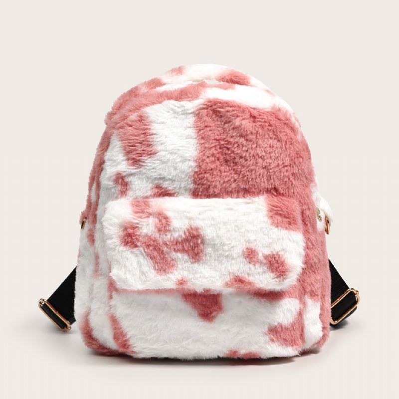 Dame Fuzzy Cow Print Ryggsekk Girl's Plush Fluffy Cute Small Bakckpack Schoolbag