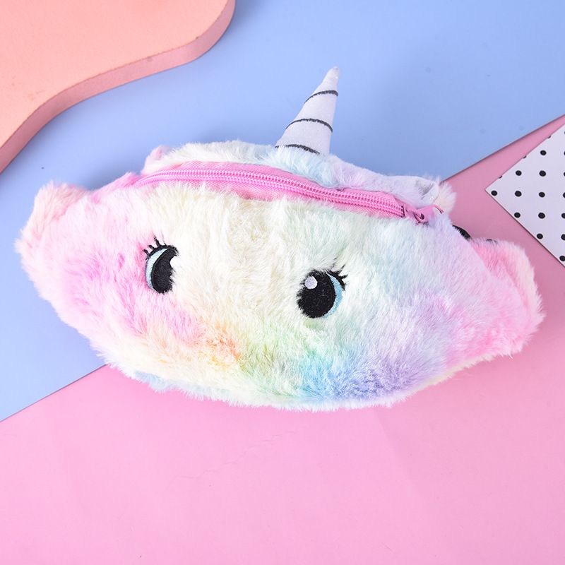 Jenter Plysj Tegneserie Unicorn Midjeveske Glidelås Skulderveske Messenger Bag Crossbody Bag Myntveske