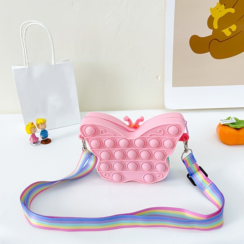Jenter Silikon Søt Butterfly Skulderveske Justerbar Messenger Bag Myntveske Barnekompresjon Pop Fidget Toys