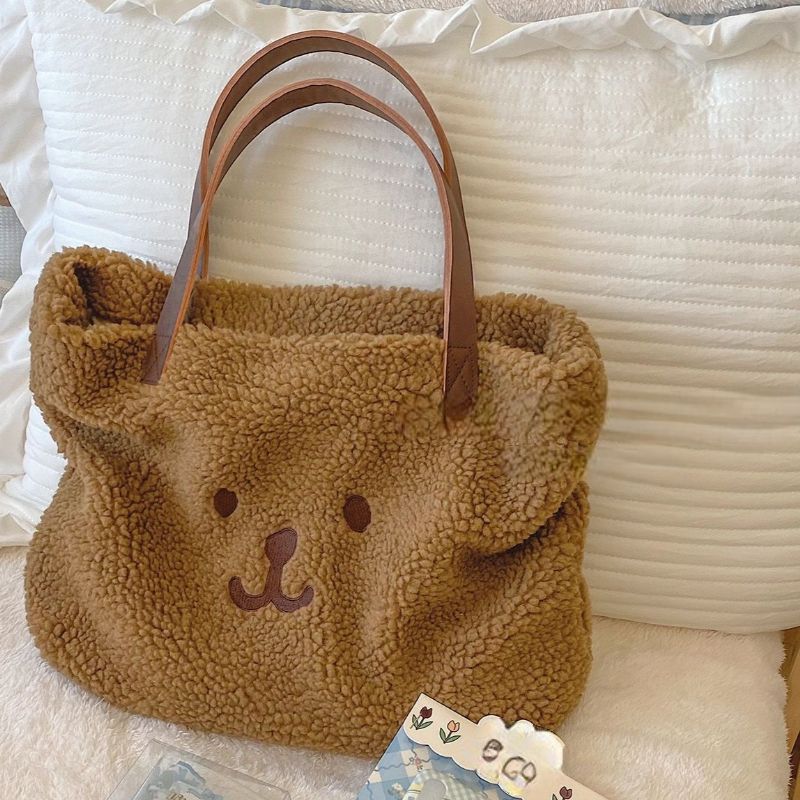 Kawaii Fluffy Handbag Cute Bear Tote Bag Fuzzy Skulderveske For Jente Tenåringer Kvinner Søt Stor Shopping Bag