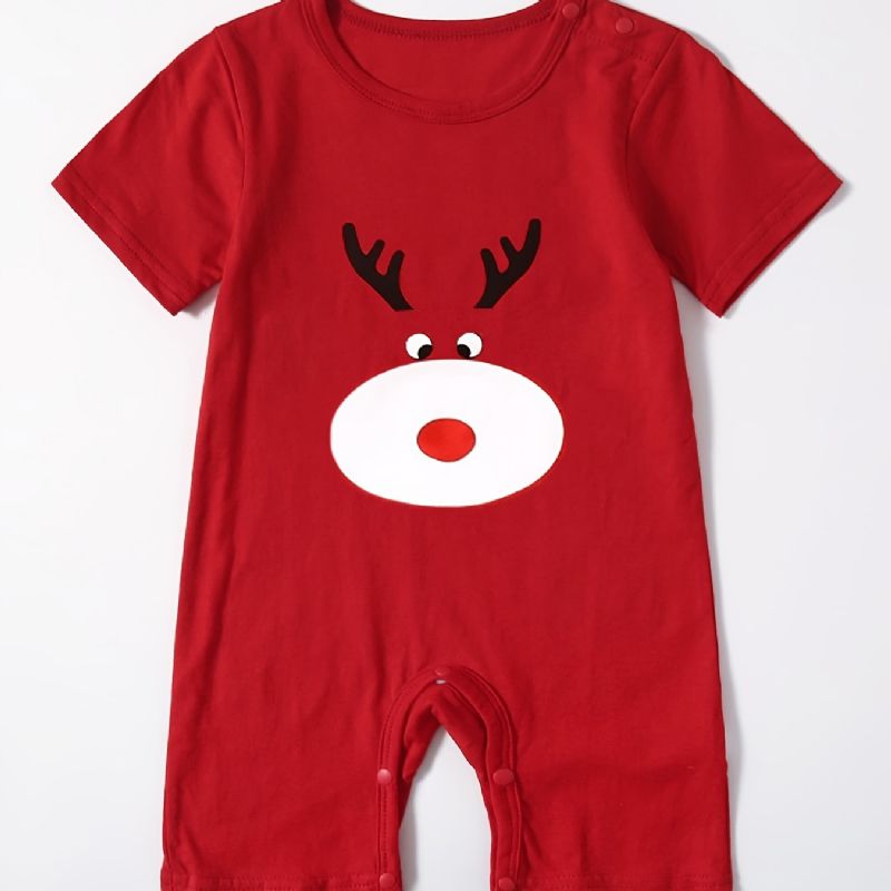 1 Stk Baby Jenter Søt Tegneserie Elg Print Romper Crew Neck Christmas Jumpsuit For Party