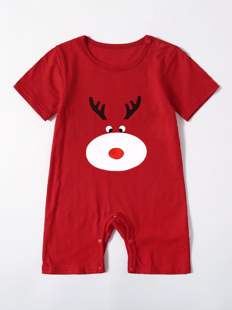 1 Stk Baby Jenter Søt Tegneserie Elg Print Romper Crew Neck Christmas Jumpsuit For Party