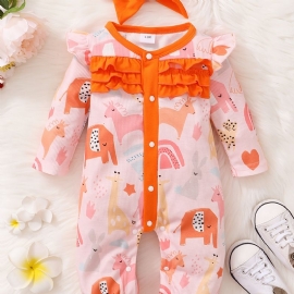 2 Stk Baby Jenter Dyretrykk Ruffle Trim Langermet Jumpsuit Med Pannebånd Sett Klær