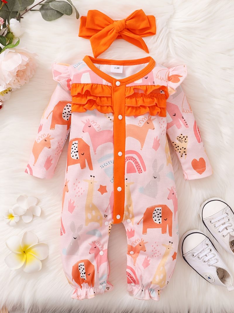 2 Stk Baby Jenter Dyretrykk Ruffle Trim Langermet Jumpsuit Med Pannebånd Sett Klær