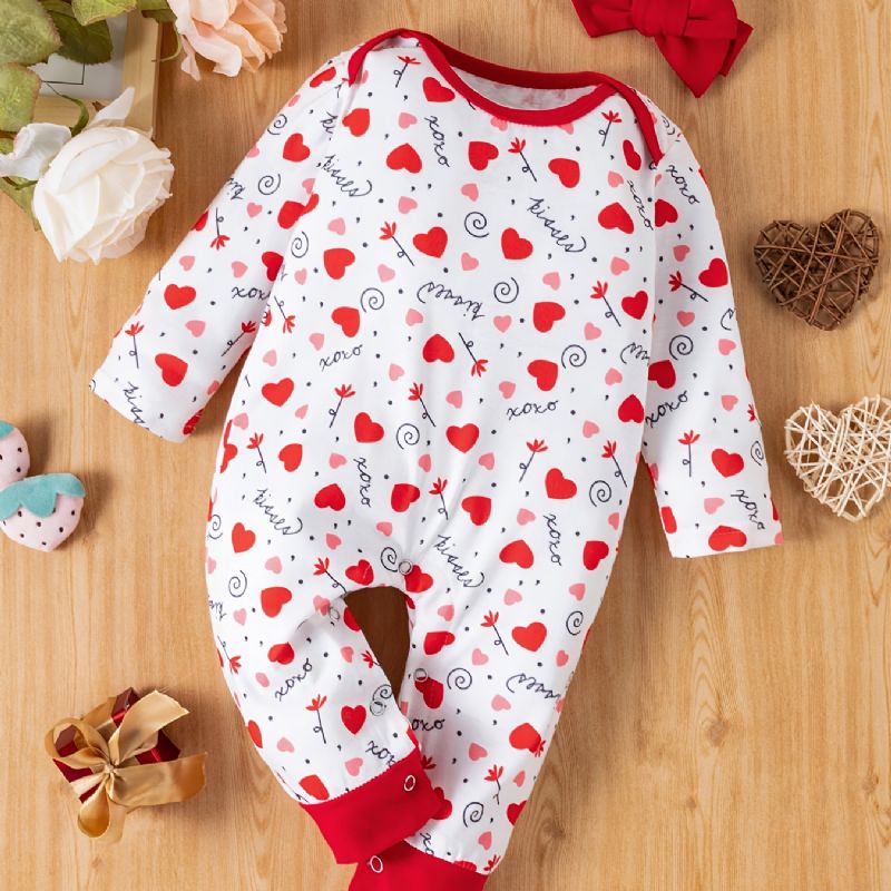 2 Stk Baby Jenter Heart Print Langermet Jumpsuit Romper & Pannebånd Sett Klær