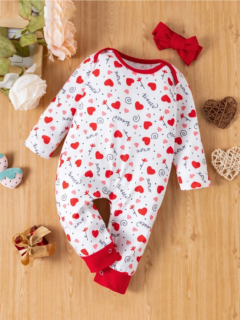 2 Stk Baby Jenter Heart Print Langermet Jumpsuit Romper & Pannebånd Sett Klær