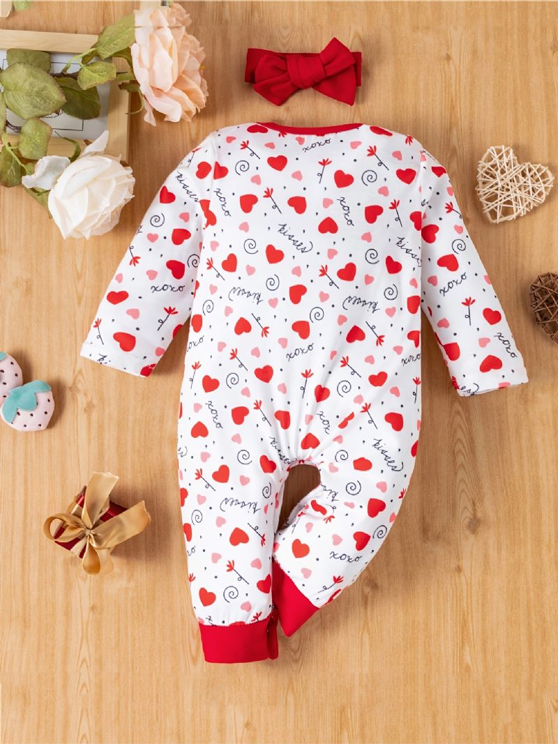 2 Stk Baby Jenter Heart Print Langermet Jumpsuit Romper & Pannebånd Sett Klær