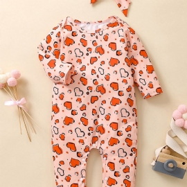 2 Stk Jenter Heart Print Langermet Jumpsuit & Hårbåndsett