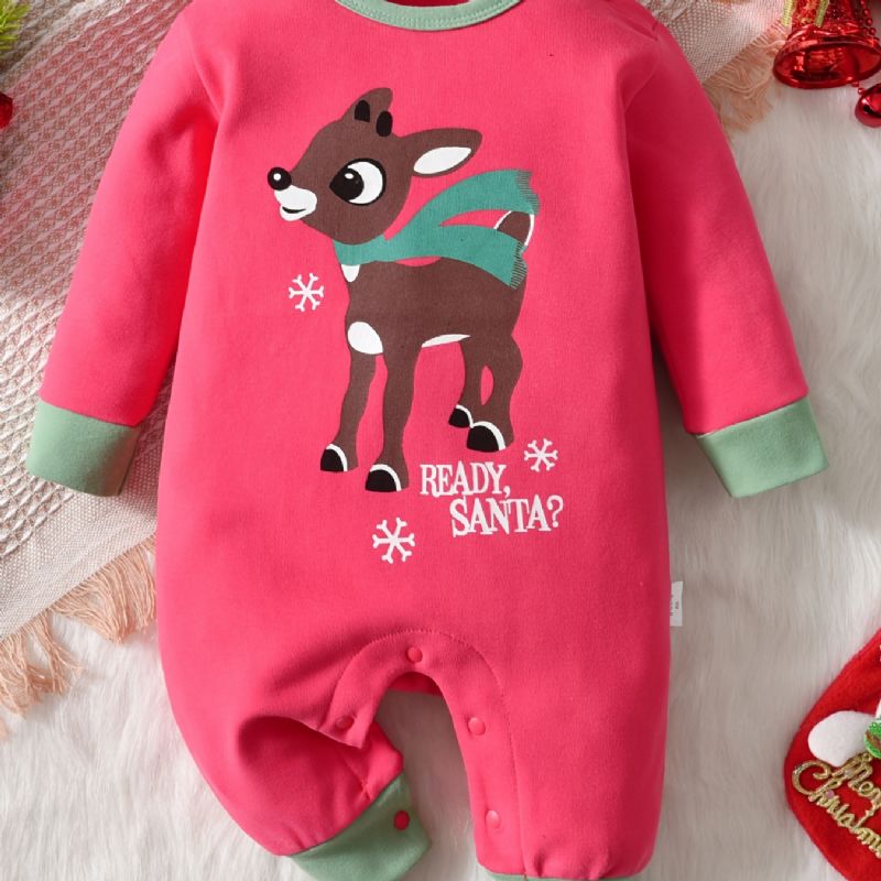 Baby Gutter Og Jenter Søt Tegneserie Elg Print Romper Langermet Termisk Jumpsuit Barneklær Til Vinterjulefest