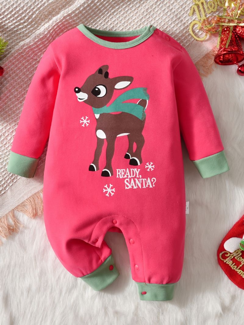 Baby Gutter Og Jenter Søt Tegneserie Elg Print Romper Langermet Termisk Jumpsuit Barneklær Til Vinterjulefest