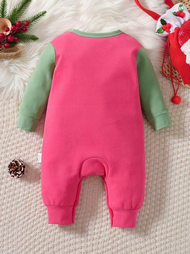 Baby Gutter Og Jenter Uformell Tegneserie Elgtrykk Romper Langermet Termisk Jumpsuit Barneklær Til Vinter Julefest Rød